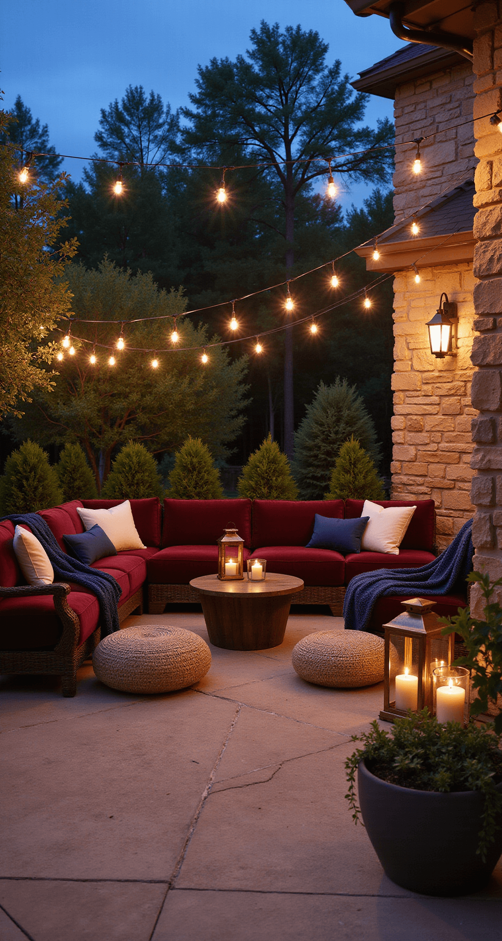 Cozy evening patio with tumbled travertine flooring and a stacked stone wall, featuring plush velvet seating, oversized copper lanterns, woven poufs, and textured blankets, illuminated by bistro lights in an intimate dusk setting.