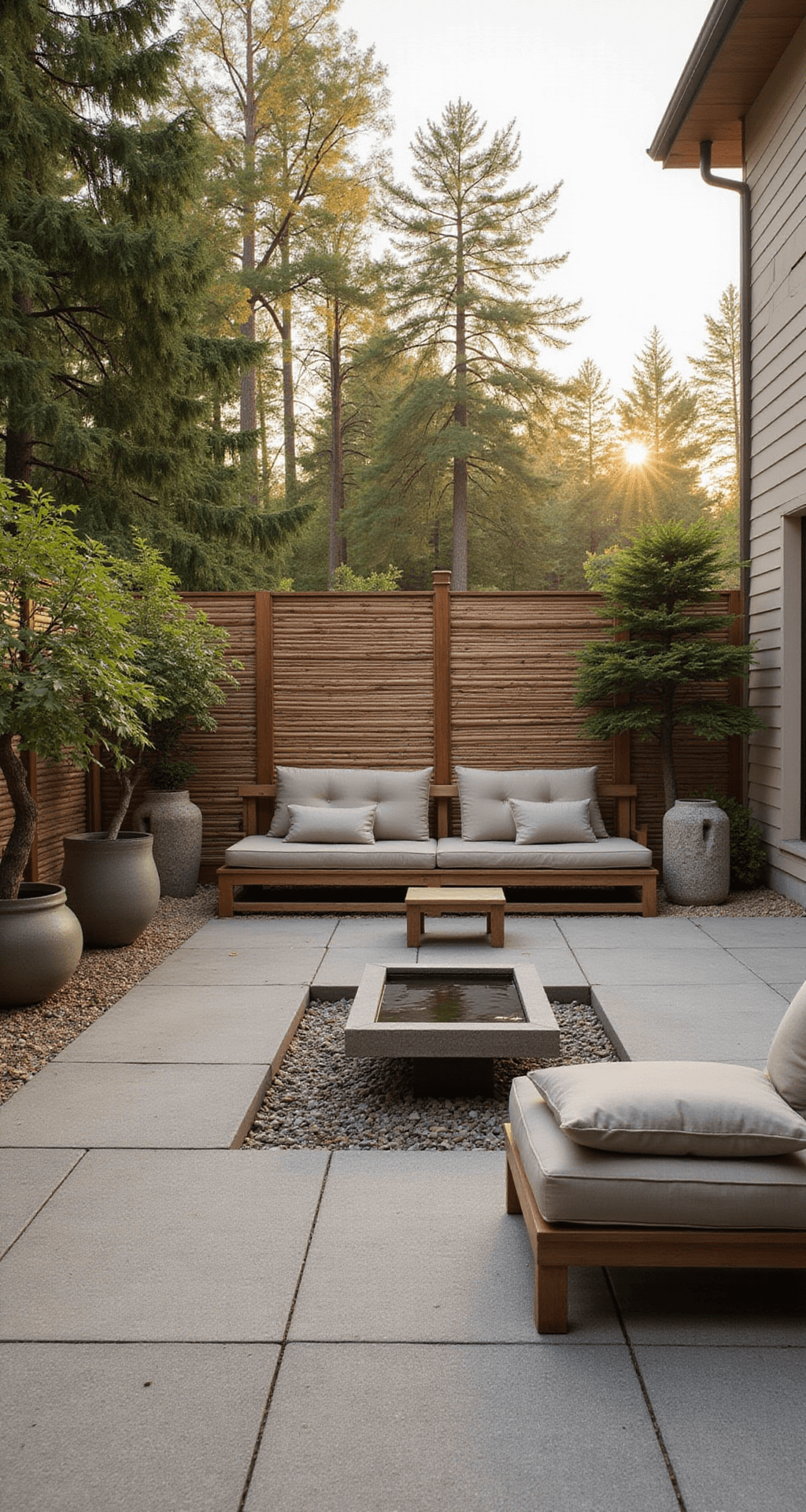 A serene Zen-inspired patio at sunrise, featuring smooth pebble flooring, horizontal cedar fencing, low platform seating with neutral cushions, and a central water feature, surrounded by Japanese maples and cloud-pruned evergreens in ceramic pots, with bamboo screens and stone lanterns, all in an earthy palette with sage accents and morning mist for added depth.