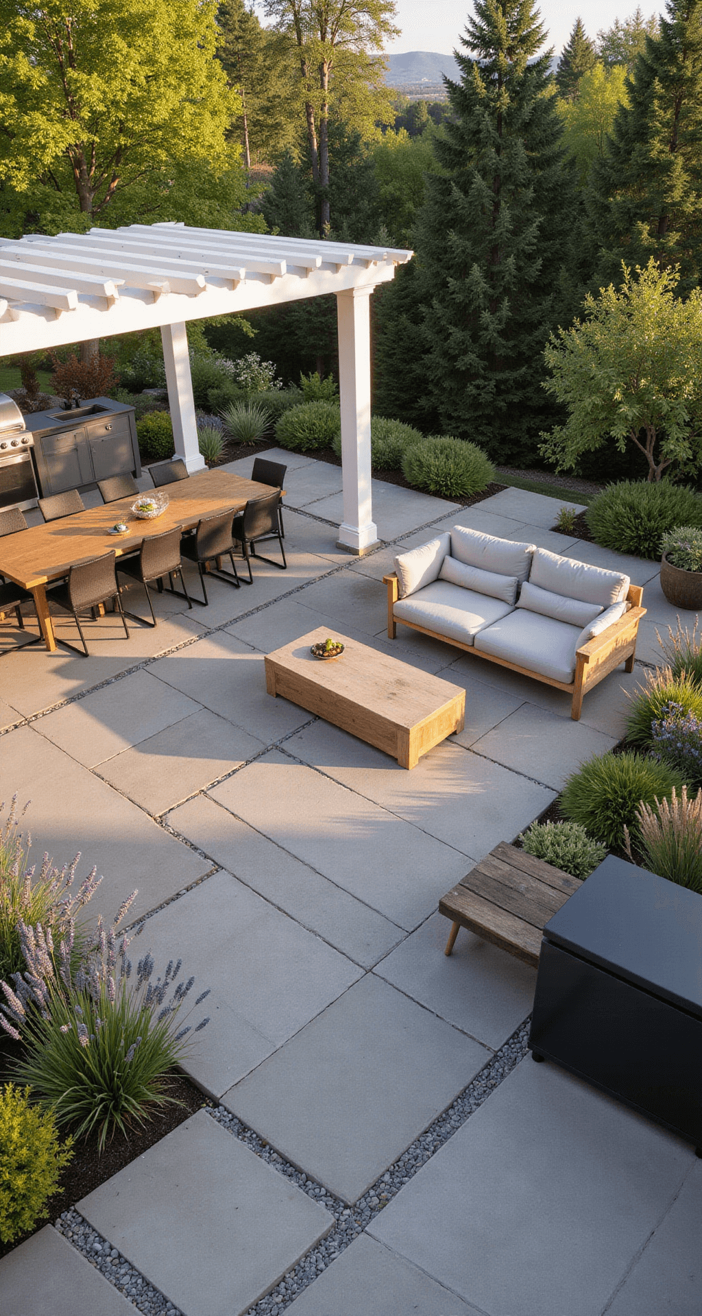 A modern 20x30ft patio at golden hour, featuring warm grey stone pavers, an 8-seater teak dining table, a sectional sofa, a white pergola casting shadows, and container gardens with grasses and lavender, alongside a matte black outdoor kitchen.