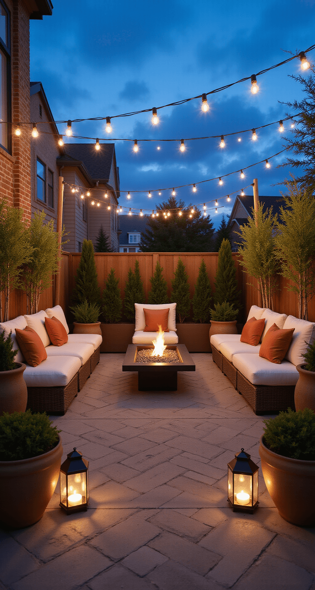 An intimate urban patio at dusk featuring a herringbone stamped concrete floor, a cozy conversation pit around a modern gas fire table, string lights overhead, built-in benches with ivory cushions and copper accent pillows, and large ceramic planters with bamboo for privacy. The cool blue twilight is contrasted by warm lantern light, creating a romantic, sheltered atmosphere.