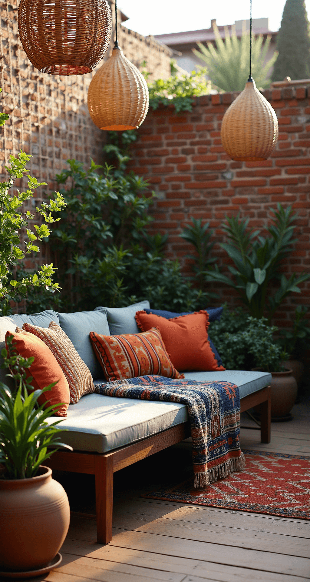 A sunlit patio featuring exposed brick walls, a teak daybed with layered textiles, clustered ceramic planters with trailing greenery, and hanging rattan lights, all captured during golden hour for a moody, romantic atmosphere.