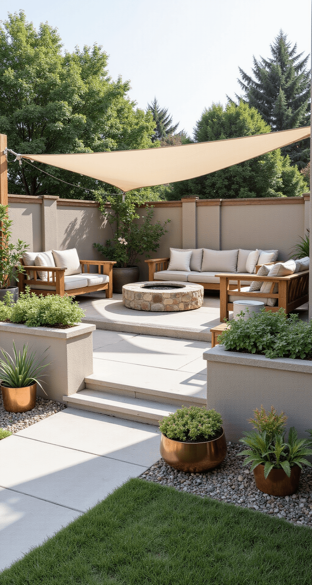 Corner patio with light grey concrete pavers and built-in planter boxes filled with cascading greenery, featuring a circular teak sectional around a stone fire pit, a retractable cream-colored shade sail, and copper container gardens with Mediterranean plants, captured in natural morning light for a fresh, coastal modern atmosphere.