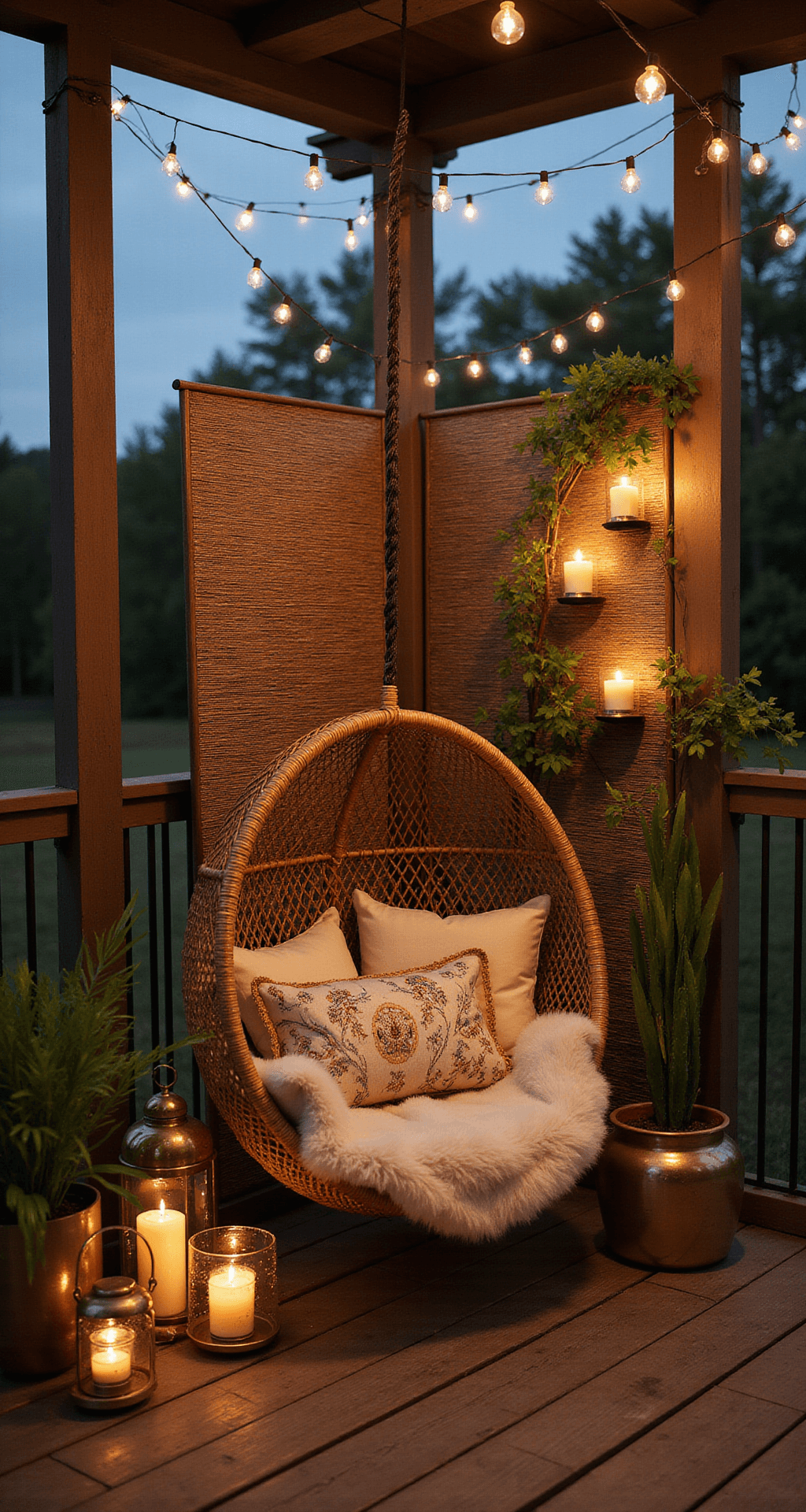 A cozy corner reading nook on a covered deck at dusk, featuring a suspended rattan egg chair with cream sheepskin and embroidered cushions, surrounded by brass lanterns with flickering LED candles, weathered bamboo screens, and potted birds of paradise. The scene is illuminated by crisscrossing string lights overhead, with warm cream, olive, and antique gold tones creating an inviting ambiance.
