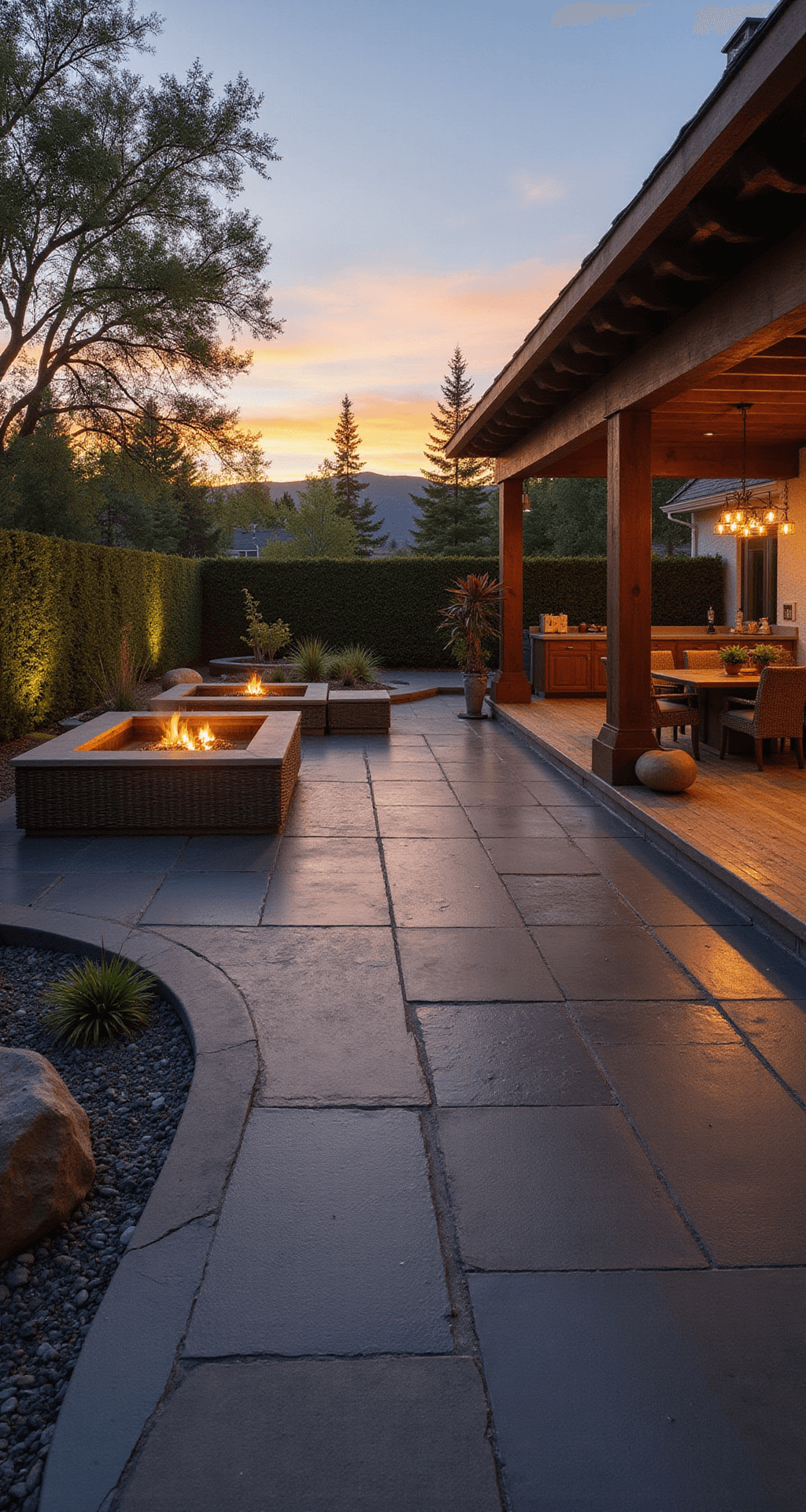 Expansive 25x40ft multi-zone patio at sunset featuring dark slate tiles, warm wood decking, and river rock borders, with a sunken conversation pit, elevated dining platform under a pergola, and a meditation corner with a water feature, all highlighted by dramatic uplighting and rich golden hour light.