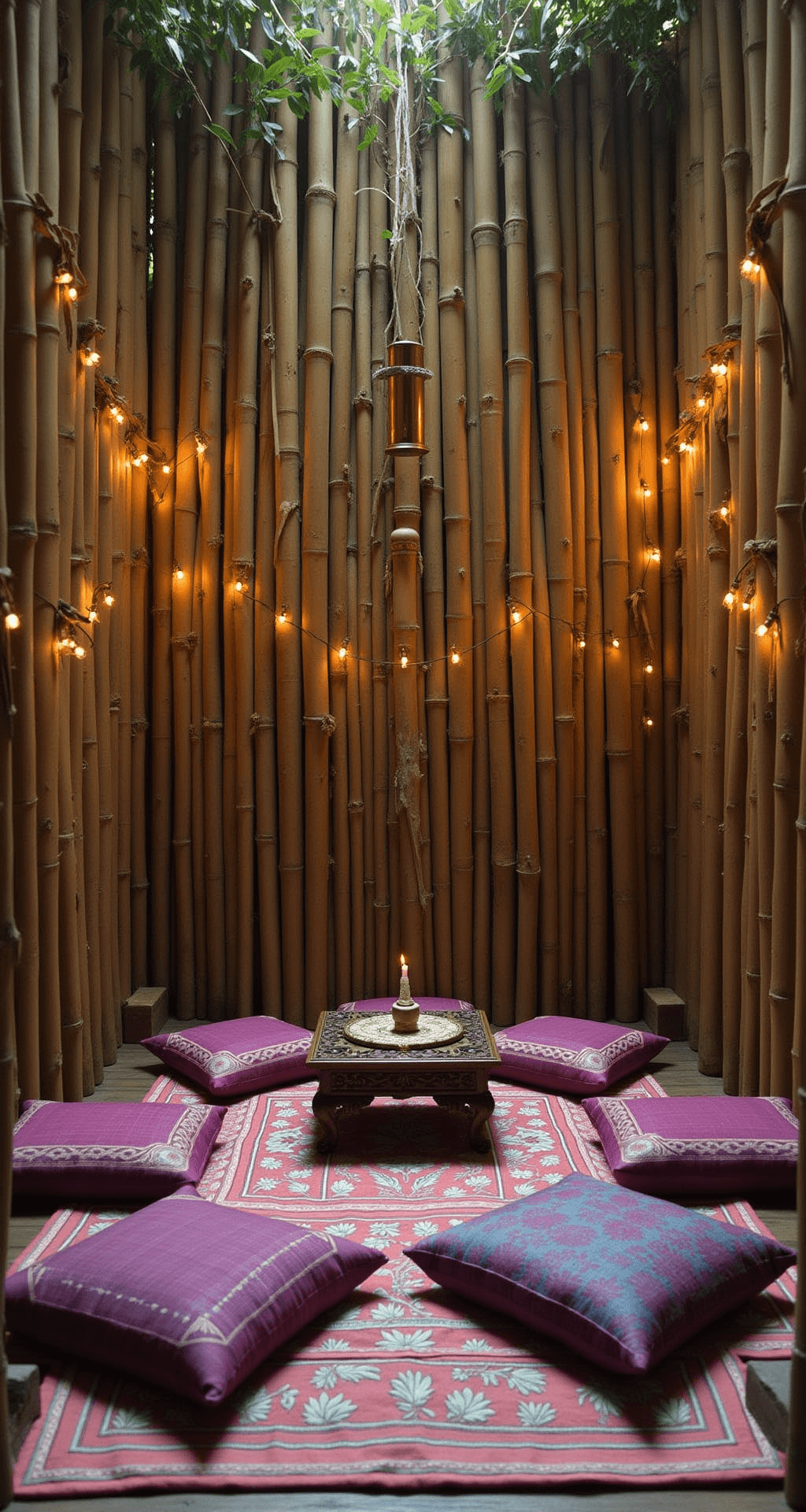 A serene meditation corner featuring floor cushions in raw silk and block-printed cotton, surrounding a hand-carved wooden altar. Tall bamboo forms natural walls, adorned with brass wind chimes, prayer flags, and string lights, all bathed in soft morning light. The composition emphasizes symmetry and depth with spiritual purple, earth tones, and metallic accents.