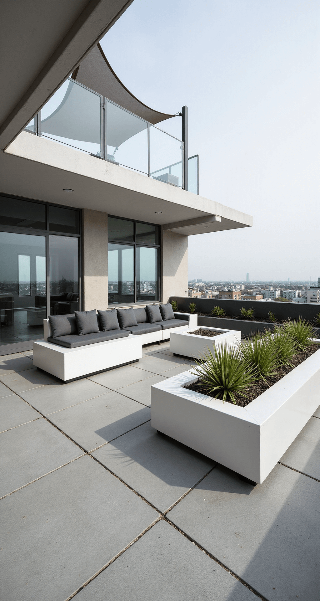 A minimalist rooftop patio featuring geometric grey concrete pavers, white modular seating with charcoal cushions, integrated planters with ornamental grasses and succulents, glass wind barriers, and a contemporary sail system providing shade.