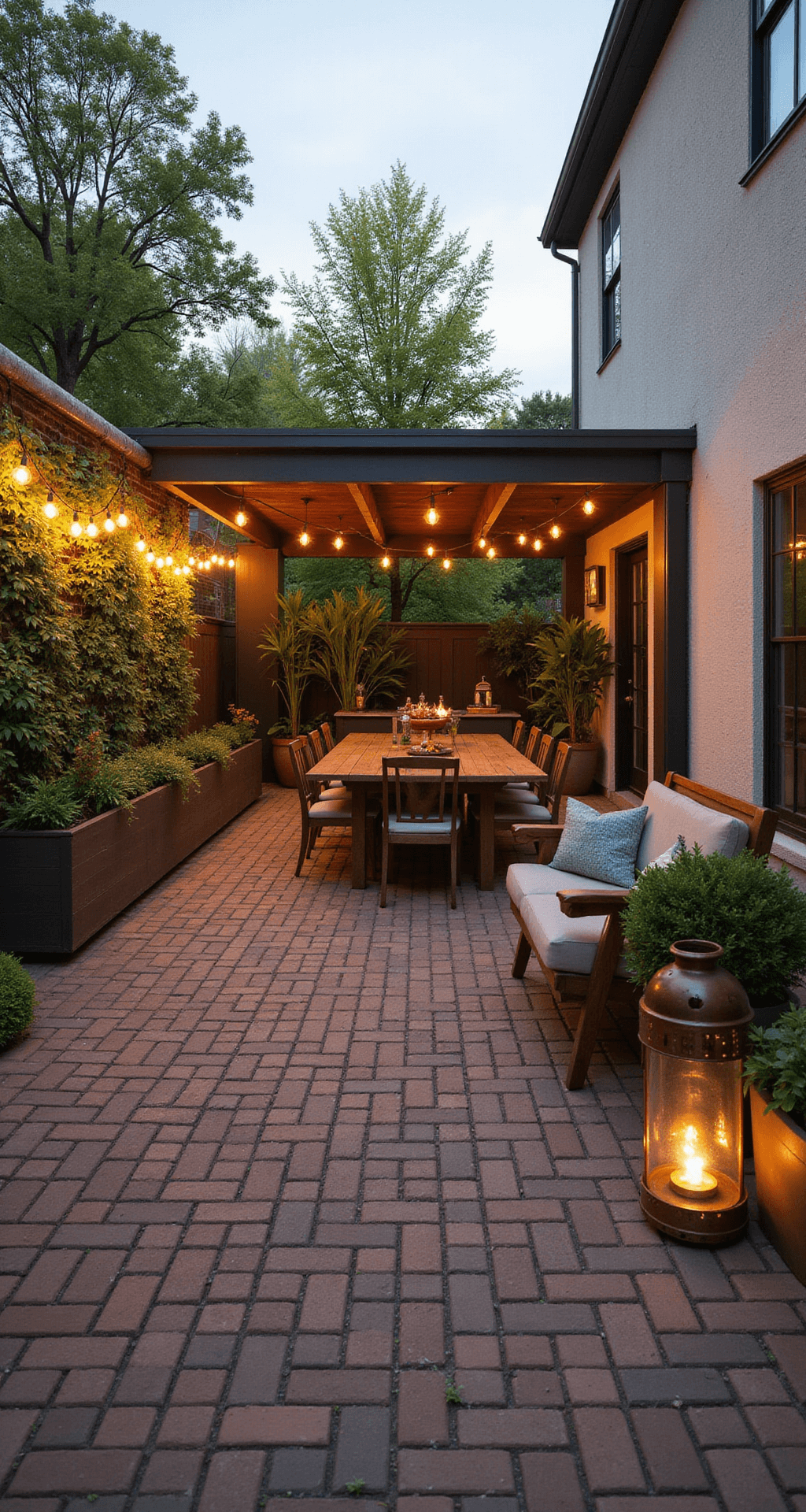 Rustic-modern patio with reclaimed brick pavers in a basketweave pattern, featuring a vintage industrial dining set and modern lounge furniture, a vertical garden wall, Edison bulb string lights, and copper lanterns, all illuminated by the warm evening sun.