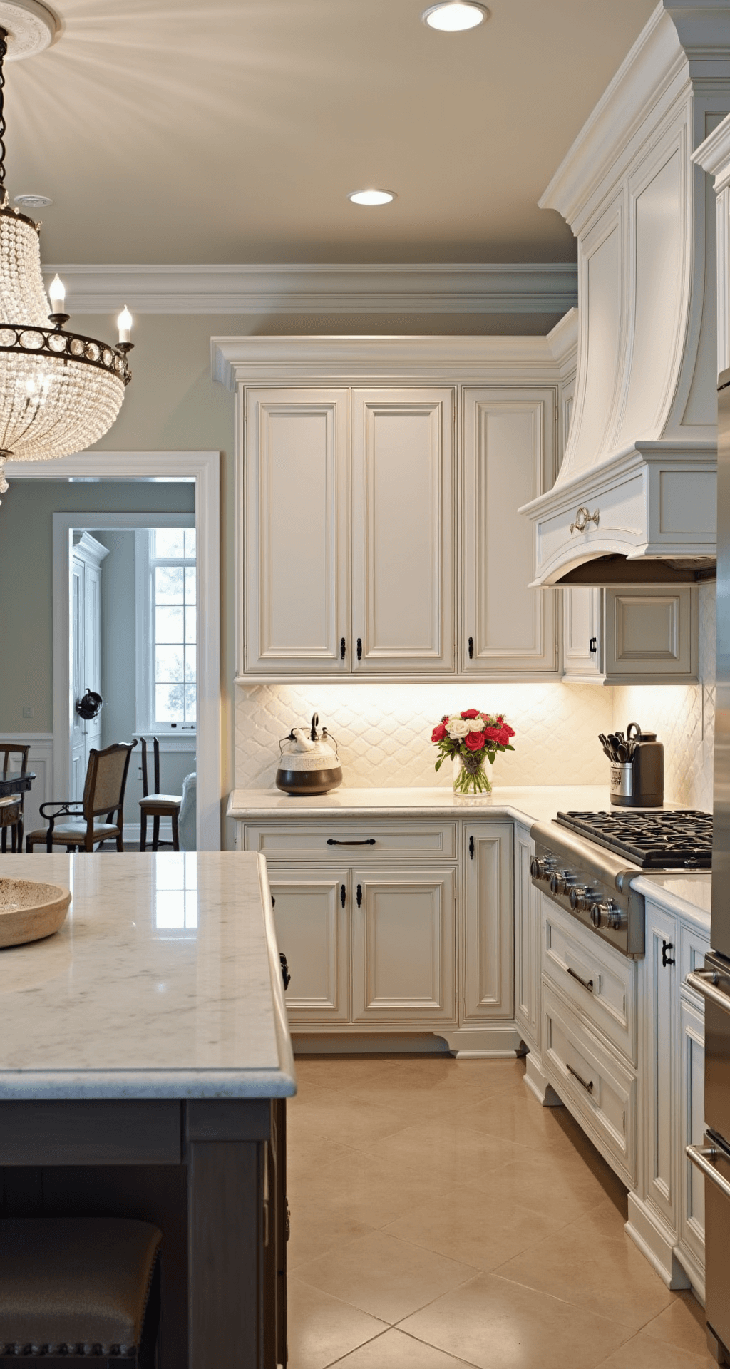 A grand kitchen featuring ornate antique white cabinets with raised panels and crown molding, illuminated by a crystal chandelier, with crema marfil marble counters and backsplash, showcasing a butler's pantry in the background, viewed diagonally from the doorway.