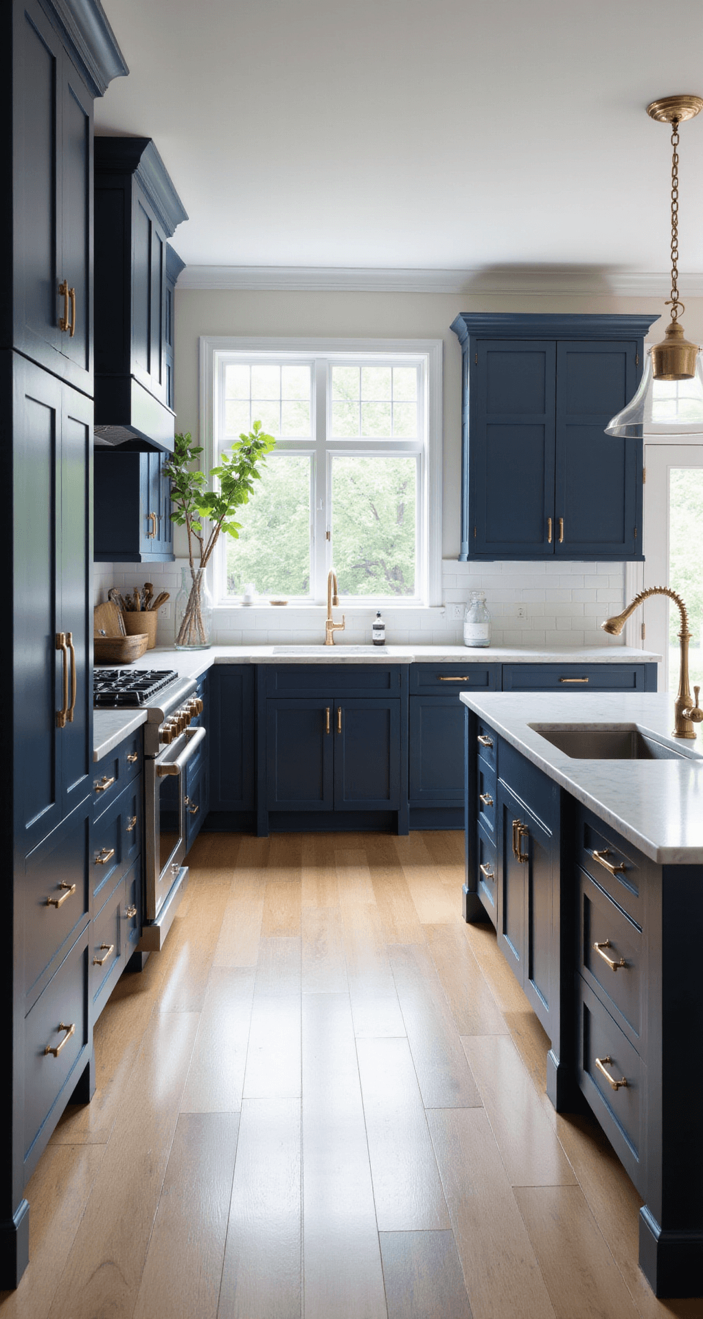 Dark Blue Kitchen Cabinets: A Bold & Timeless Design Statement A spacious transitional modern kitchen with navy blue shaker cabinets, brass hardware, Carrara marble countertops, a large island with waterfall edges, and warm natural white oak flooring, illuminated by morning light from oversized windows.