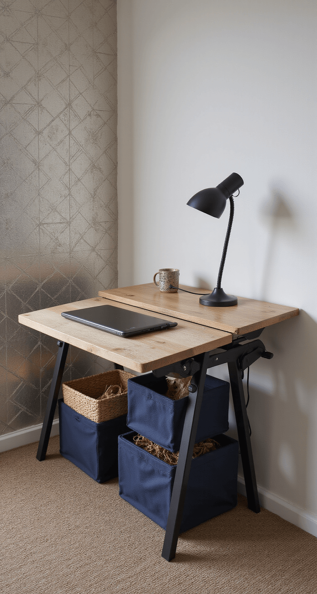 A multifunctional workspace featuring a fold-down weathered oak desk with a built-in charging station, an industrial-style task lamp, navy canvas storage cubes, and woven grass baskets beneath, set against a metallic geometric wallpaper accent wall.