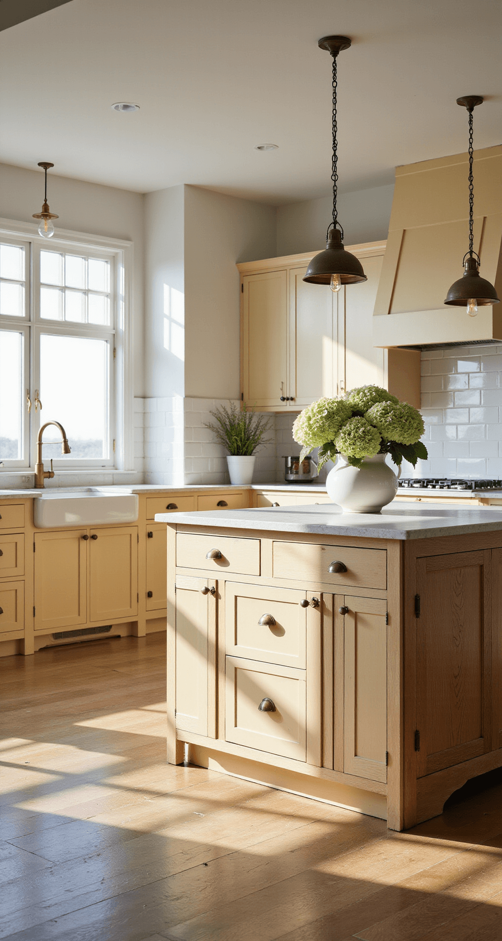 A spacious modern farmhouse kitchen bathed in early morning sunlight, featuring butter-yellow Shaker cabinets, a weathered oak island with creamy quartz, vintage pendant lights, and fresh hydrangeas in a white ceramic vase, emphasizing warmth and inviting ambiance.
