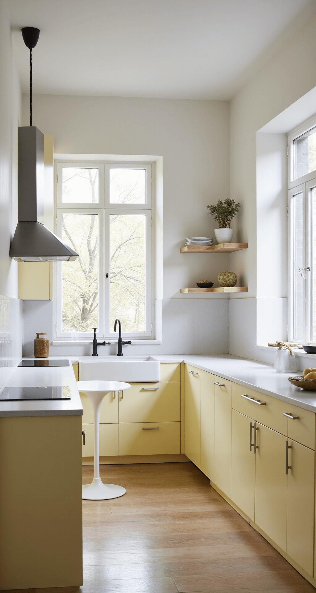 A serene Scandinavian minimal kitchen featuring pale lemon-yellow cabinets, matte white countertops, a round tulip table, and bleached wood floors, all illuminated by diffused afternoon light through oversized windows.