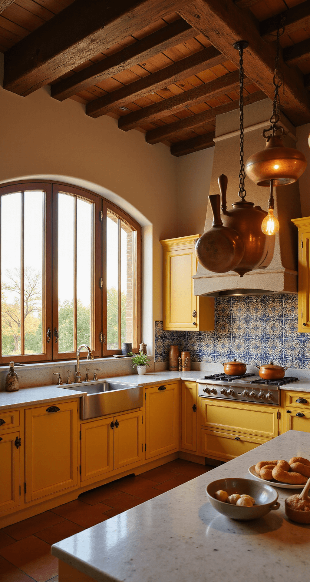 A warm and romantic Mediterranean kitchen with rich mustard yellow cabinets and terracotta floors, illuminated by golden hour light streaming through arched windows, featuring a stunning blue and white patterned tile backsplash and hanging copper pots from a rustic wooden beam, captured from an elevated position to showcase architectural details.