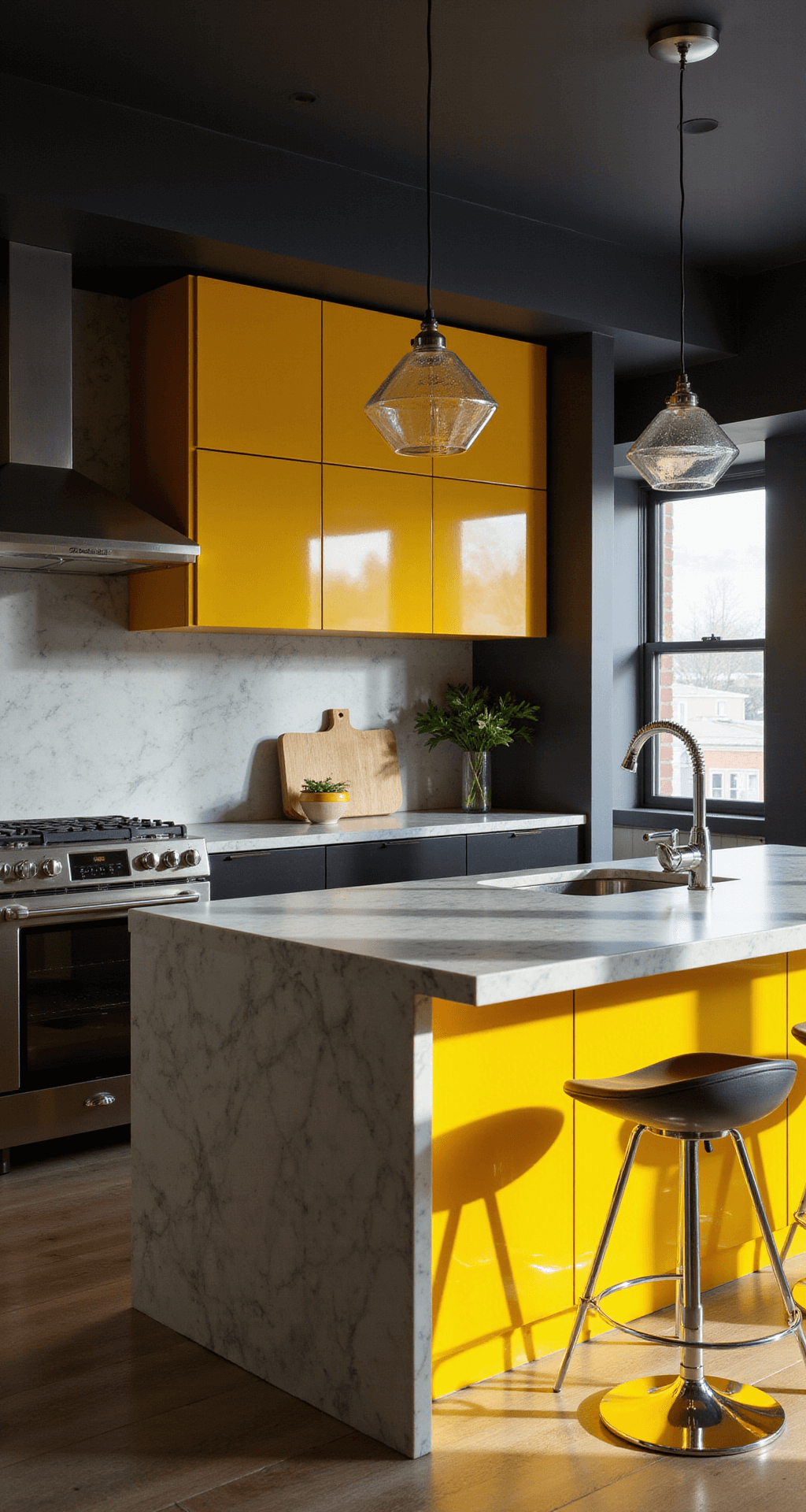 A contemporary urban kitchen featuring vibrant canary yellow high-gloss cabinets against charcoal walls, a waterfall edge marble island, chrome fixtures, and industrial appliances, illuminated by geometric pendant lights, all captured in a dynamic corner shot.
