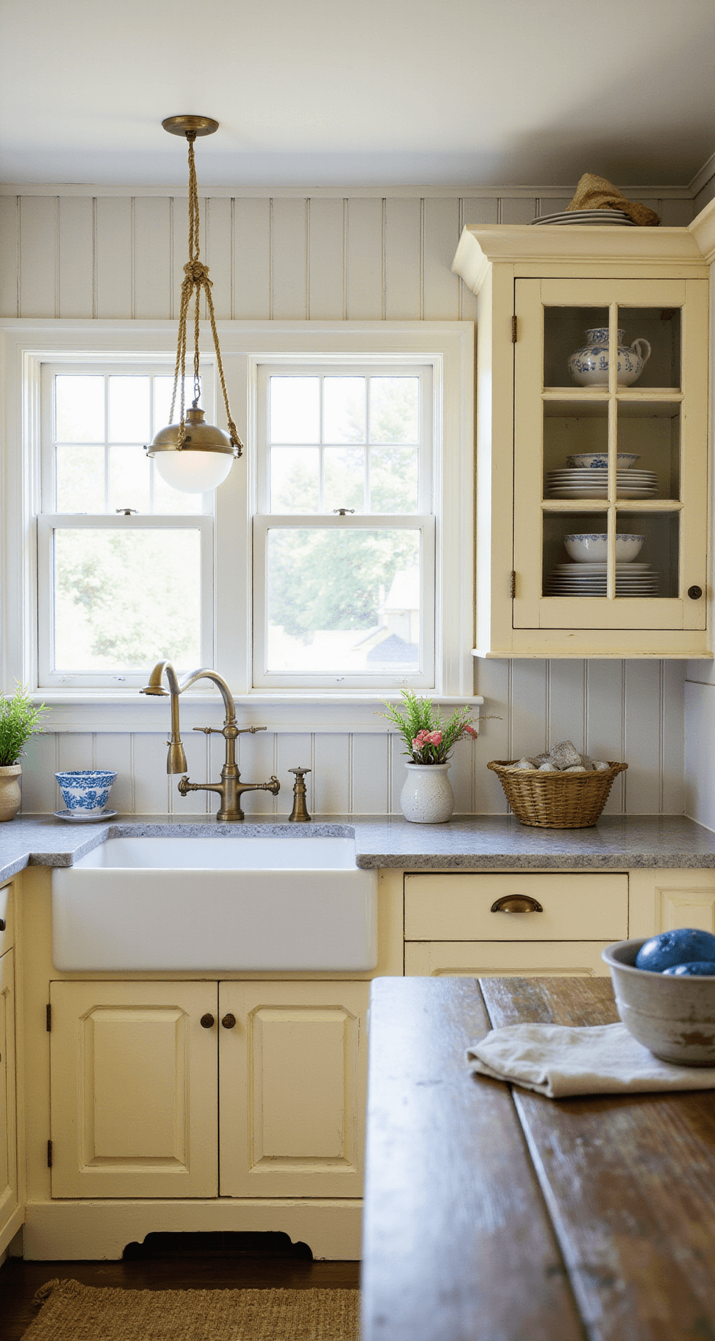 Cozy coastal cottage kitchen with distressed vanilla yellow cabinets showcasing blue-and-white china, a beadboard backsplash, and a rope pendant light above a farmhouse table, illuminated by soft daylight through white-trimmed windows.