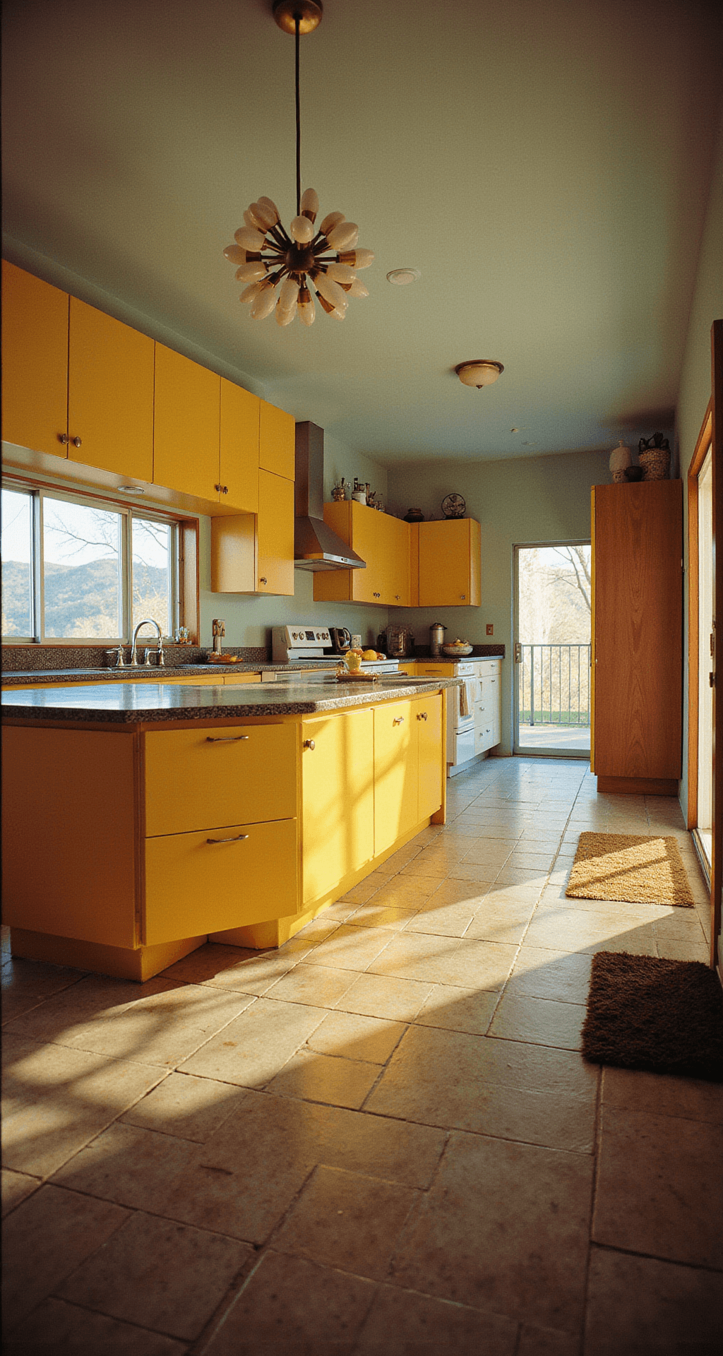 A mid-century modern kitchen featuring sunny yellow slab-front cabinets and walnut accents, with a geometric tile floor and a Sputnik chandelier above a terrazzo island, illuminated by dramatic afternoon sunlight that casts long shadows, captured from a low angle to accentuate the ceiling height and architectural details.