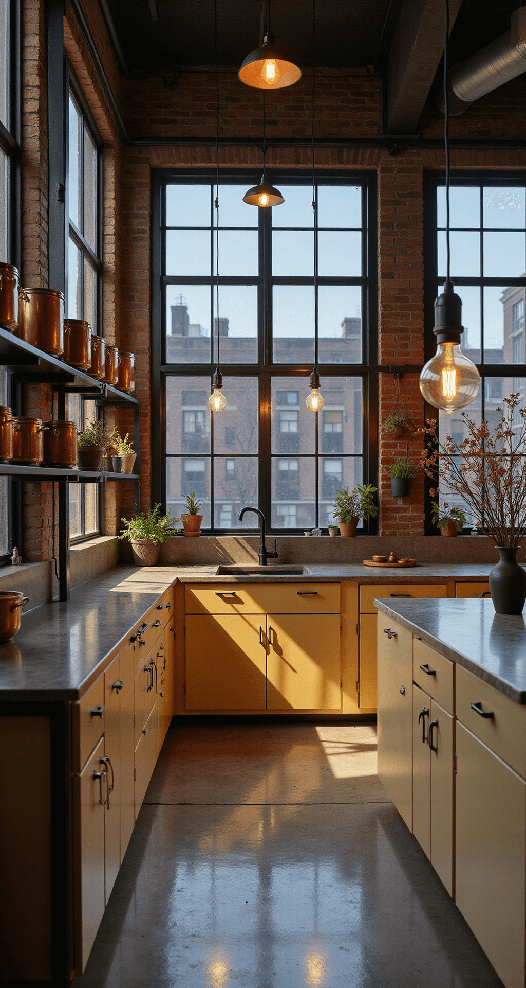 An industrial loft kitchen at dusk, featuring pale yellow metal cabinets, concrete countertops, and black steel shelving with copper cookware, illuminated by warm Edison bulb fixtures and natural light from factory windows.
