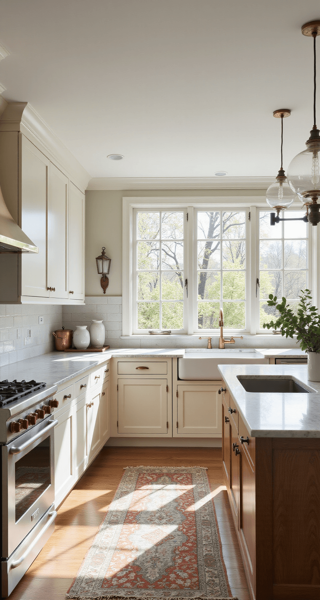 A spacious transitional kitchen featuring cream shaker cabinets, Carrara marble countertops, and a weathered oak island, filled with morning light from large east-facing windows. Antique brass hardware, white ceramic vases with eucalyptus, and a vintage runner add warmth and style.