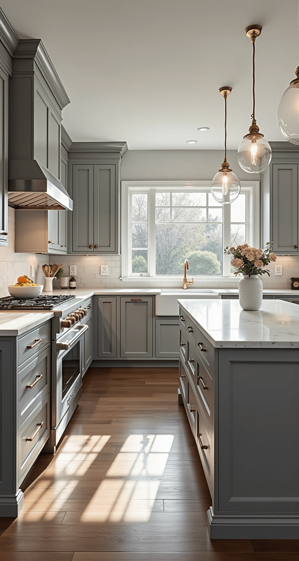 Elegant modern kitchen with Edgecomb Gray cabinets, white Carrara marble countertops, and brushed brass accents, showcasing professional-grade stainless appliances. Illuminated by morning light through large windows, the scene captures depth with a central island featuring waterfall edges and a custom hood in the background.