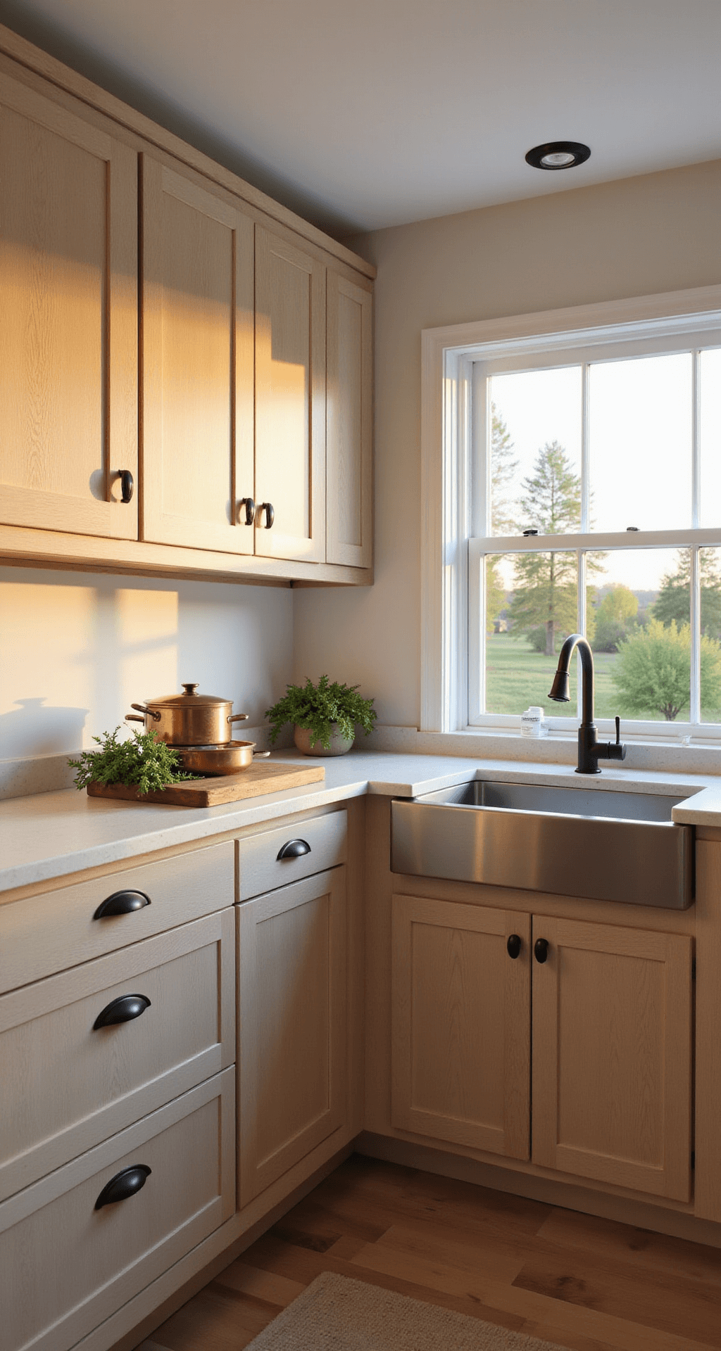Transitional kitchen at golden hour featuring light taupe cabinets, creamy white quartz countertops, and a butcher block island with copper cookware and fresh herbs, highlighted by matte black pulls and a farmhouse sink, all captured in a wide-angle shot from a corner perspective.