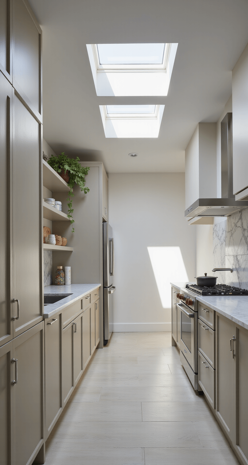 A minimalist kitchen design featuring light taupe cabinets, white marble backsplash, stainless steel appliances, and floating shelves, illuminated by late afternoon light streaming through skylights, with balanced natural and artificial lighting creating dramatic shadows.