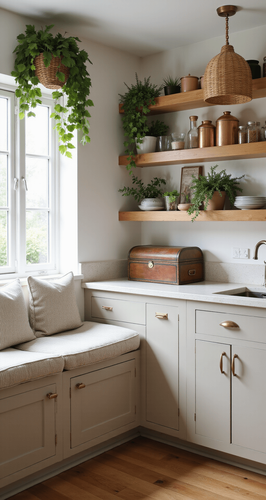 Cozy breakfast nook featuring light taupe lower cabinets, open upper shelving with cascading indoor plants, cream quartz counters adorned with a vintage bread box and copper canisters, a window seat with striped cushions, and a woven pendant light, all bathed in soft morning light and warm LED accents.