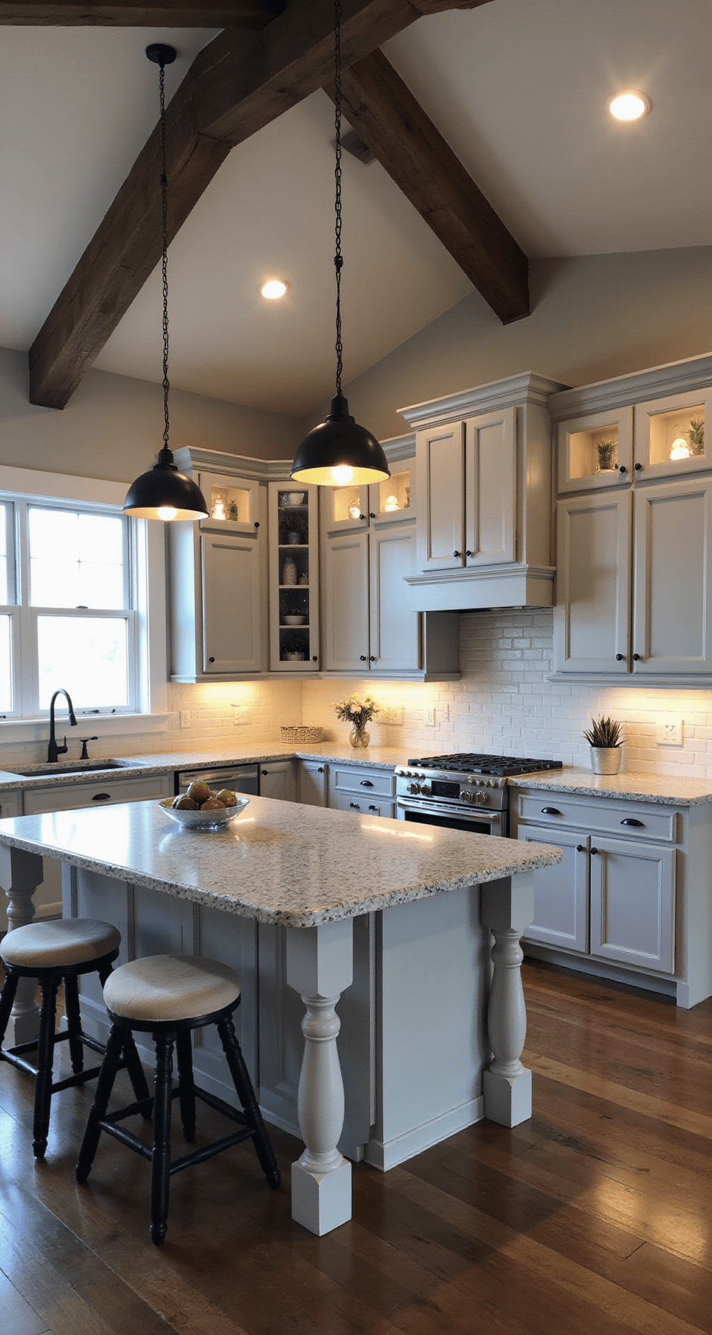A modern farmhouse kitchen at dusk featuring light taupe shaker cabinets, honed granite counters, an oversized island with vintage stools, and black iron fixtures, all set under vaulted ceilings with exposed beams, showcasing a cozy ambiance illuminated by mixed lighting.