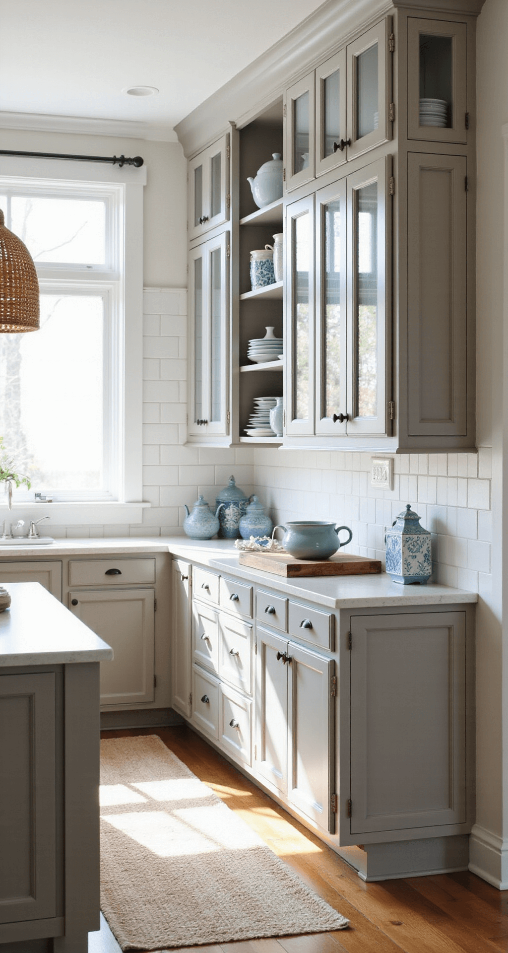 Coastal-inspired kitchen featuring light taupe beadboard cabinets and white quartz countertops, illuminated by afternoon light. Glass-front upper cabinets showcase blue and white china, while rattan pendant lights and a natural fiber rug enhance texture. White shiplap walls and diffused natural light through sheer curtains contribute to a soft, airy atmosphere.