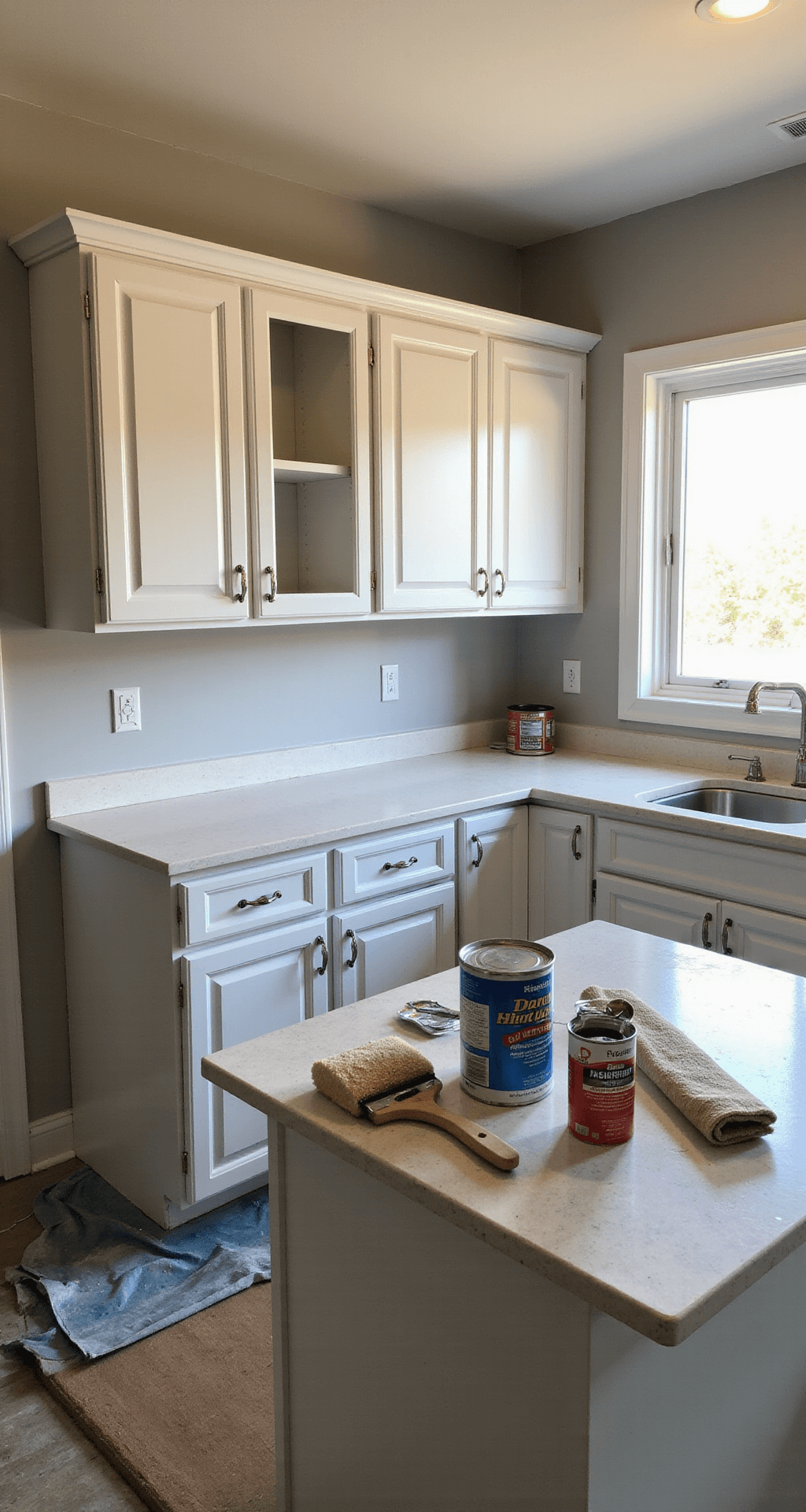 A modern kitchen interior bathed in morning light, featuring freshly painted white shaker cabinets, organized paint supplies, and a preparation phase for a cabinet painting project.