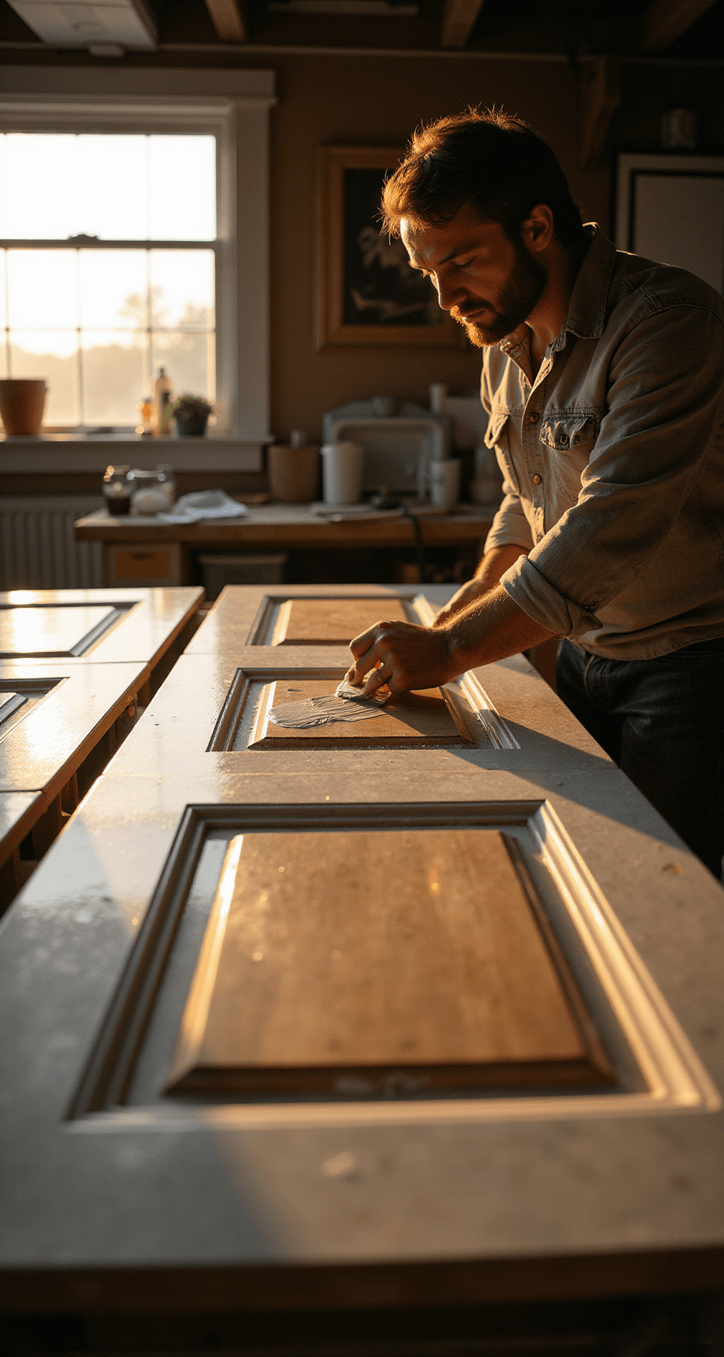 Close-up view of a craftsman applying white primer to a classic maple cabinet door, highlighting rich wood grain and precise brush strokes during the golden hour, with multiple light sources creating depth and texture.