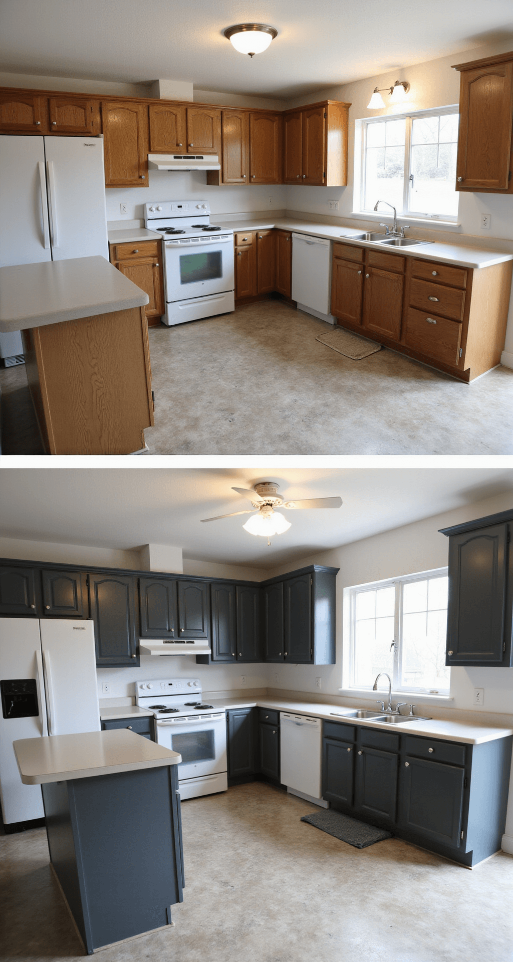 A mid-transformation kitchen showcasing a 15x20ft open-concept space with a vaulted ceiling. The left side features original oak cabinets, while the right side displays a contemporary transformation with modern graphite gray paint. A professional painting station is set up in the scene, and studio lighting highlights the texture differences of the cabinets.