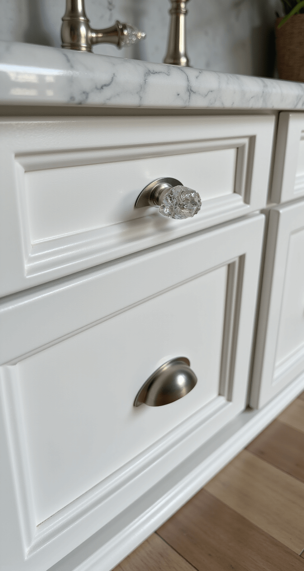 Detail shot of a designer kitchen cabinet corner in early morning light, featuring a flawless semi-gloss 'Dove Wing' white finish, crystal hardware, and a marble backsplash, highlighting luxury craftsmanship and texture.