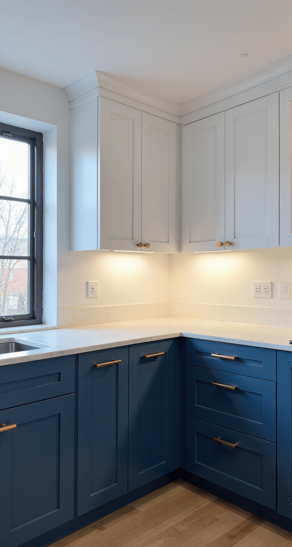 A contemporary kitchen vignette at twilight, showcasing slate blue lower cabinets and white upper cabinets with copper hardware and white marble countertops, illuminated by dramatic side lighting to highlight the paint finish.