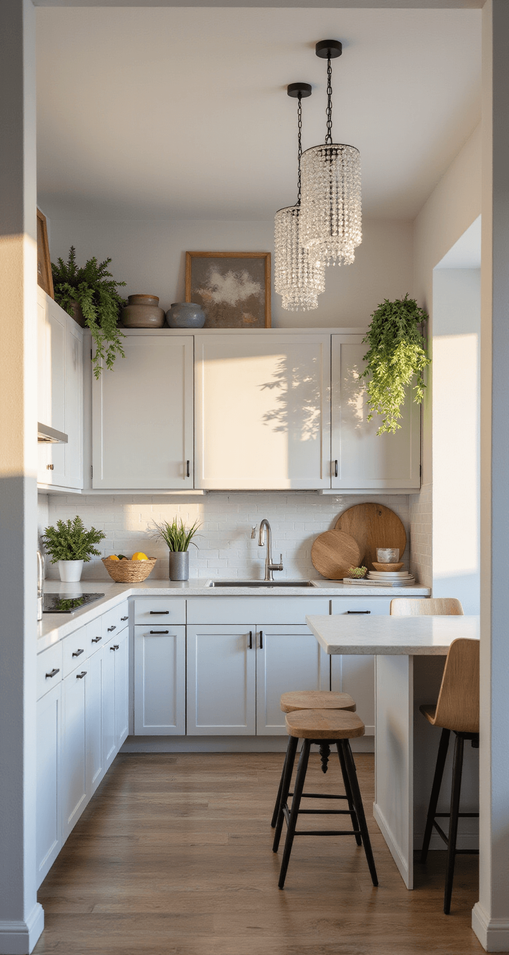 A bright kitchen during the morning golden hour, featuring transformed greige cabinets, crystal pendant lights casting prism effects, and styled with artisanal ceramics and fresh greenery. The image captures the full room from the entrance, showcasing magazine-worthy decor and natural lighting enhanced by soft fill.