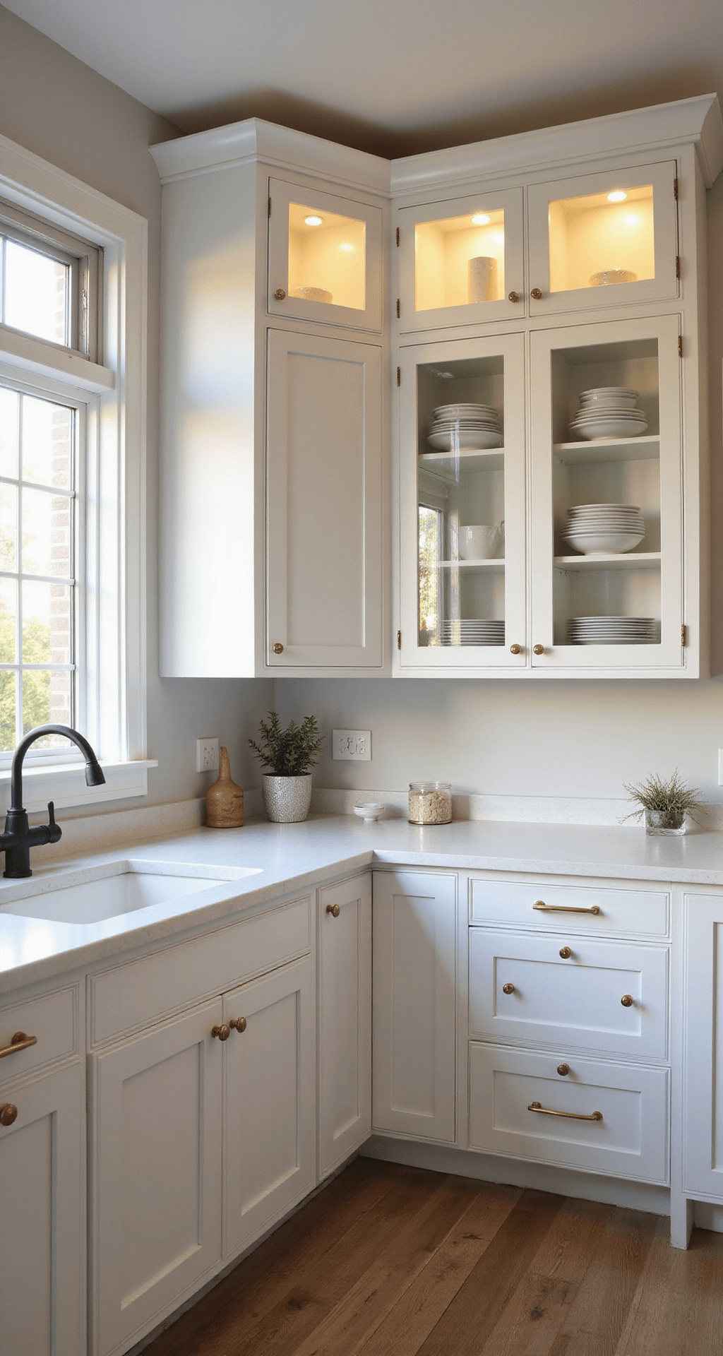 A modern shaker glass kitchen featuring white shaker cabinets, polished quartz countertops, and brass hardware, illuminated by golden hour light and natural window light, with elegant porcelain dinnerware displayed inside glass cabinets, and warm white oak flooring.