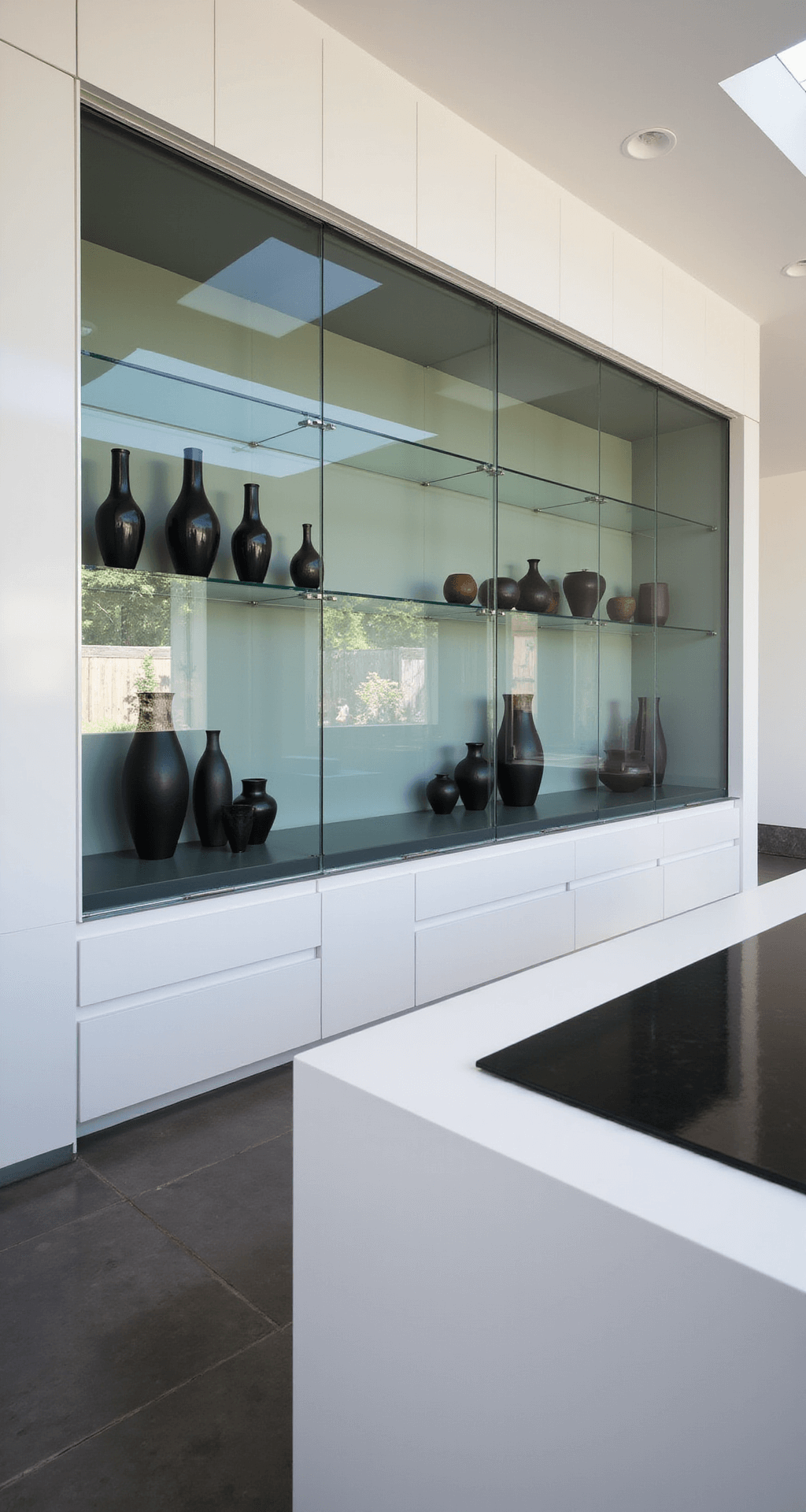 A contemporary open-concept kitchen featuring a full glass gallery, with a floor-to-ceiling white lacquer cabinet, geometric black ceramics, and a charcoal waterfall island, illuminated by diffused natural light from a skylight.