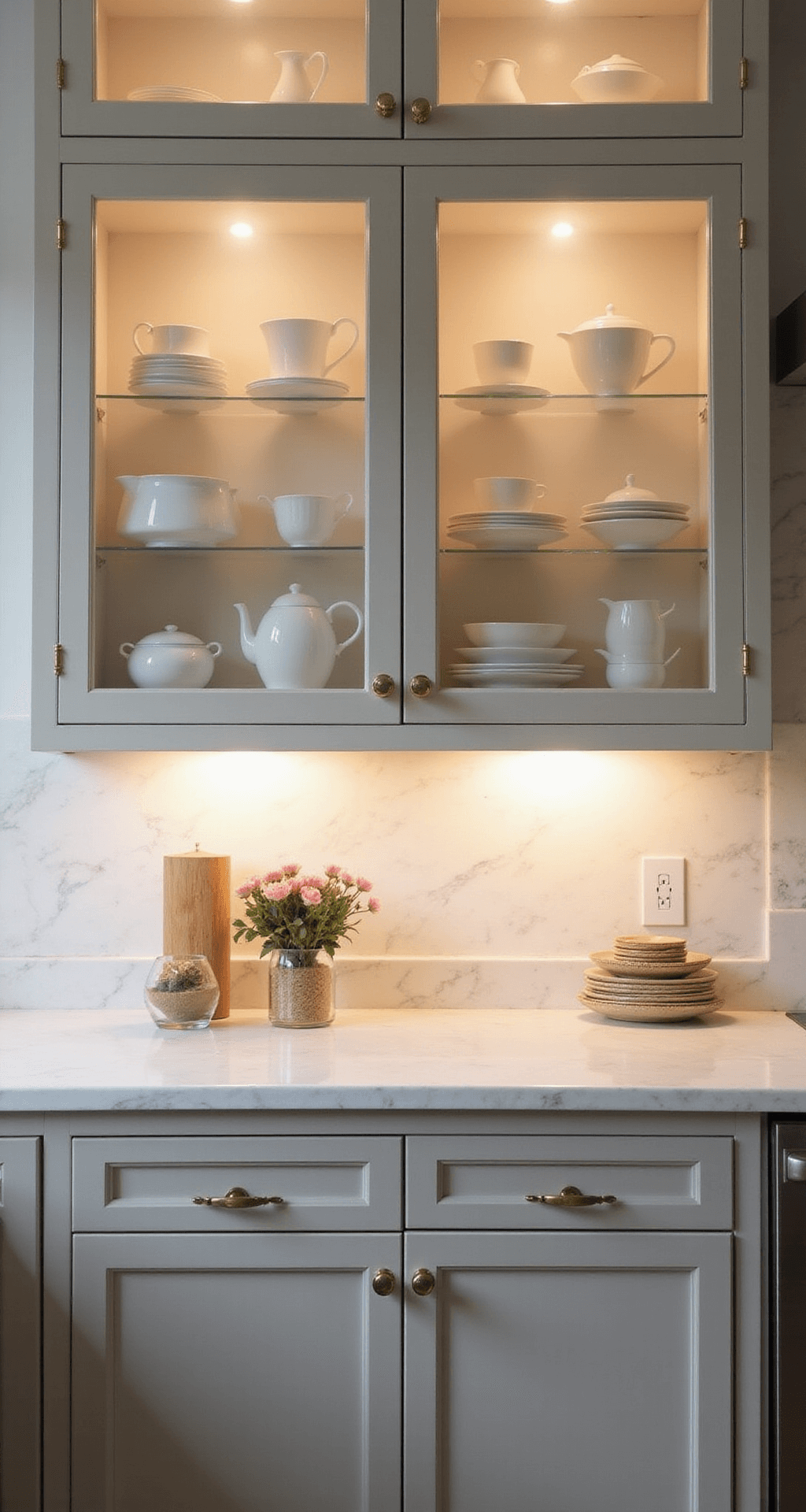 A serene kitchen at dawn featuring custom frosted glass upper cabinets in warm greige frames, illuminated by LED lighting, with organized white and cream tableware and a marble backsplash, all captured with dreamy bokeh.