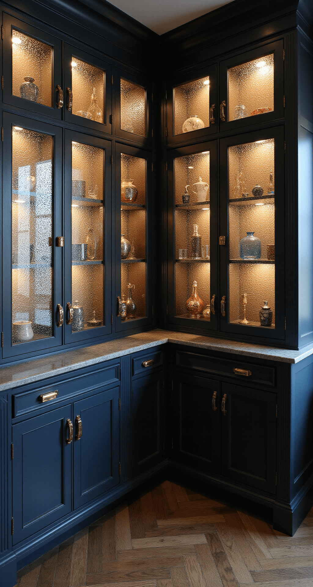 A dramatic kitchen corner featuring textured seeded glass cabinet panels in dark navy frames, showcasing metallic and glass objects. The space includes brass and aged copper accents, smoked oak herringbone floors, and is illuminated by directional spotlights casting intentional shadows, all captured from a high angle at dusk.