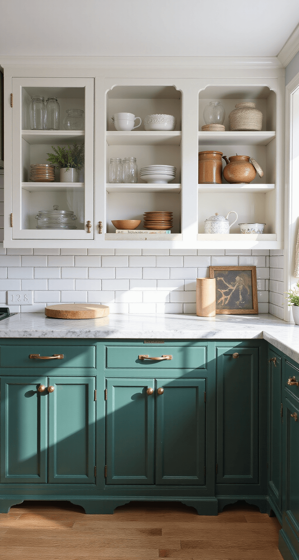 A fresh kitchen featuring a blend of traditional and modern styles, with white glass upper cabinets and deep forest green lower cabinets, bathed in morning light. The space includes organized displays of vintage and modern decor in earth tones, marble countertops, and a subway tile backsplash, all shot with balanced depth and soft natural light.
