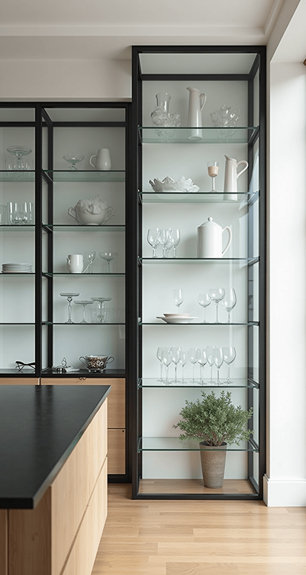 A minimalist kitchen featuring full-height clear glass cabinets with matte black frames, showcasing white ceramics and clear glass pieces, set against bleached oak floors and pure white walls, all illuminated by bright natural light.