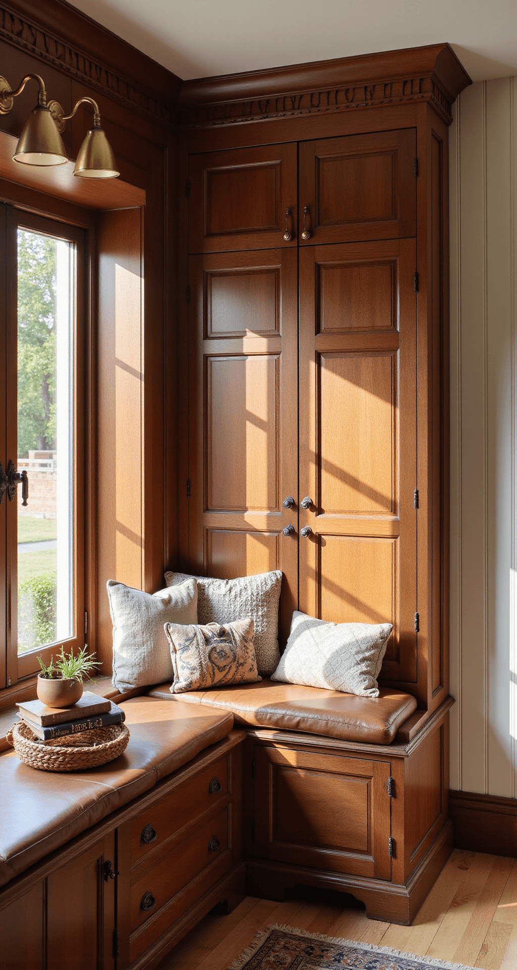 A cozy breakfast nook with floor-to-ceiling cherry wood cabinets, beadboard walls, and built-in bench seating adorned with leather cushions and vintage pillows, illuminated by early morning light and aged brass library lights.