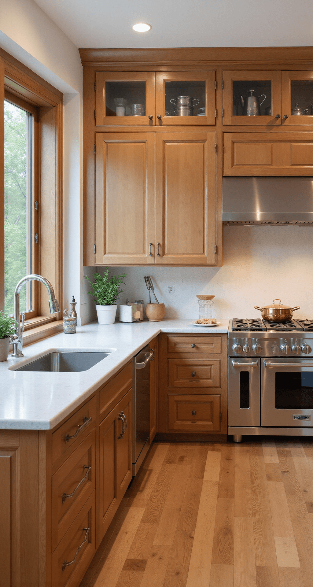 Professional kitchen showcasing cherry wood cabinets with a light honey stain, stainless steel appliances, and commercial-grade fixtures, illuminated by natural light and task lighting, featuring glass-front upper cabinets displaying cookware and styled with chef's tools and potted herbs.
