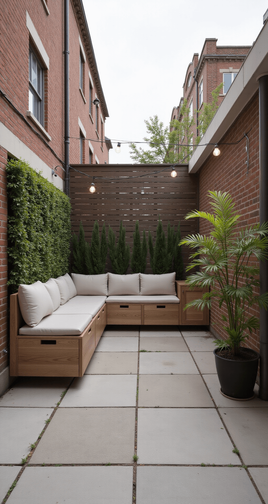 A compact urban patio extension features large greige porcelain tiles, a built-in L-shaped teak bench with storage, and a vertical garden wall with irrigation, all illuminated by afternoon light and minimalist string lights, creating an intimate oasis.