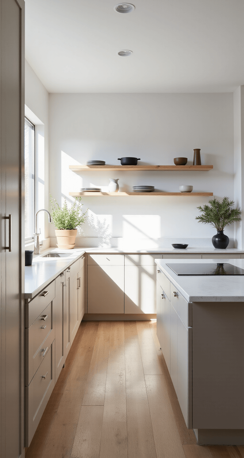 A sunlit Scandinavian minimalist kitchen featuring pale beige cabinets, white oak floating shelves, and a matte white quartz waterfall island, captured from a corner angle to highlight the clean lines and spacious layout.
