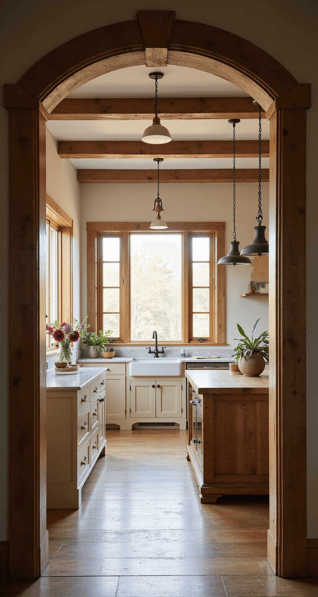 Wide-angle view of a warm and inviting modern farmhouse kitchen featuring exposed wooden beams, creamy beige shaker cabinets, a reclaimed wood island with a marble top, and a vintage-style farmhouse sink, all illuminated by late afternoon golden hour light.