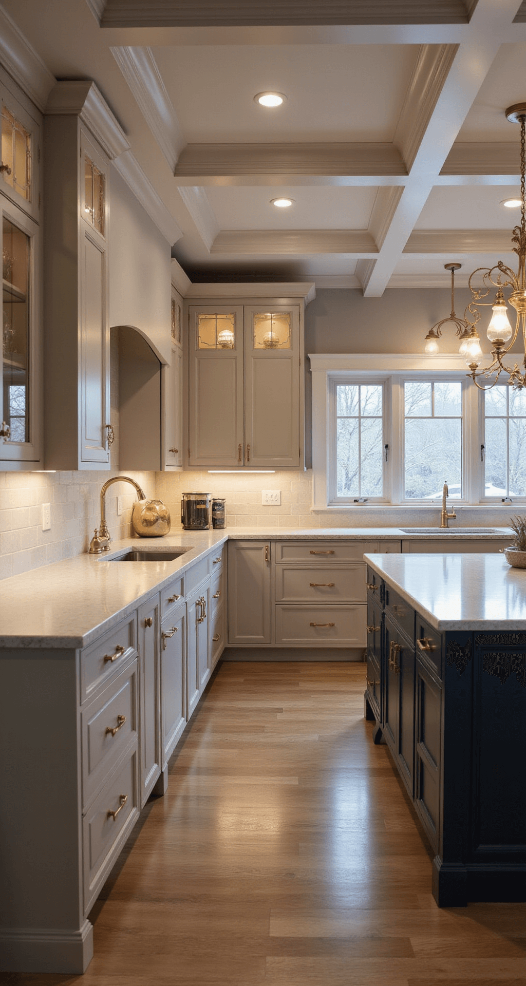 Transitional L-shaped kitchen featuring coffered ceilings, medium-tone beige cabinets with quartz countertops, glass-front upper cabinets with interior lighting, a navy blue island with brass hardware, and layered lighting creating dramatic shadows.
