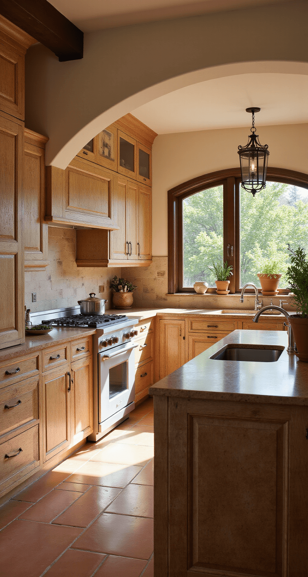A Mediterranean-inspired open-concept kitchen featuring warm beige textured cabinets, hand-painted tile backsplash, terracotta floors, and copper accents, with arched doorways and herbs in terra cotta pots on the windowsill, all illuminated by soft mid-morning light.