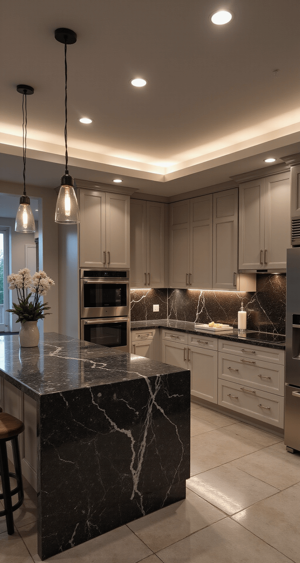 A luxurious contemporary kitchen features a spacious 22x20ft layout with double-height ceilings, dusk lighting, integrated greige cabinets, a striking black marble waterfall island, and a bronze mirror backsplash, all illuminated by minimalist pendant and dramatic accent lighting.