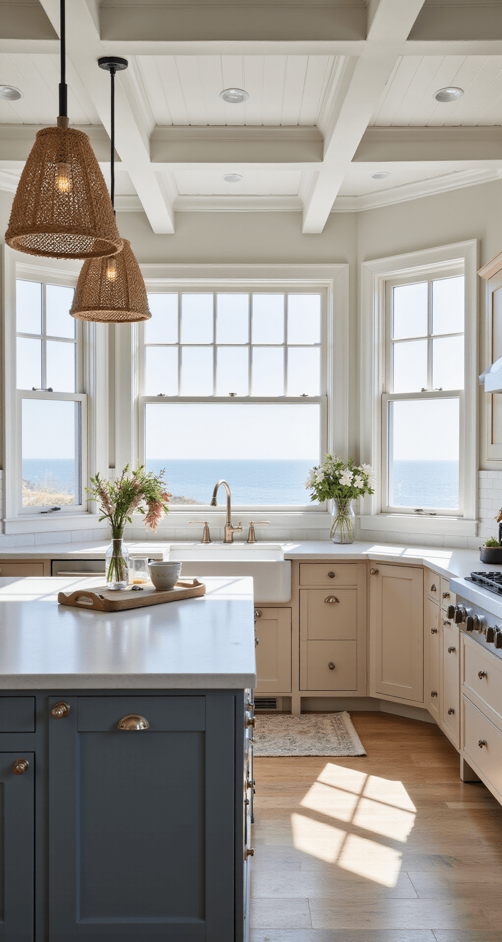 A bright coastal kitchen with white-washed ceiling beams, sandy beige cabinets, a blue-gray island with rope detail, and woven pendant lights, featuring bay windows that offer an ocean view.