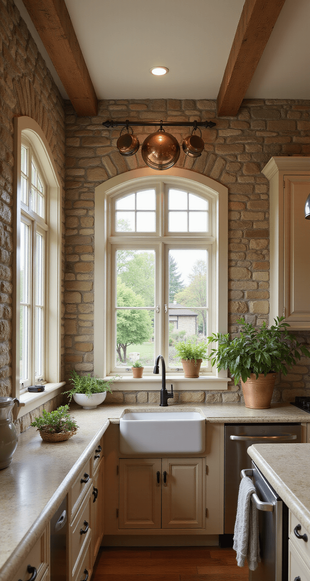 A cozy French country kitchen featuring a stone accent wall, antique beige cabinets with carved details, and limestone countertops. Early morning light streams through garden windows, illuminating copper pots hanging from a ceiling rack and a herb garden window. The low angle emphasizes the ceiling height and rustic elements, creating a romantic and timeless atmosphere.